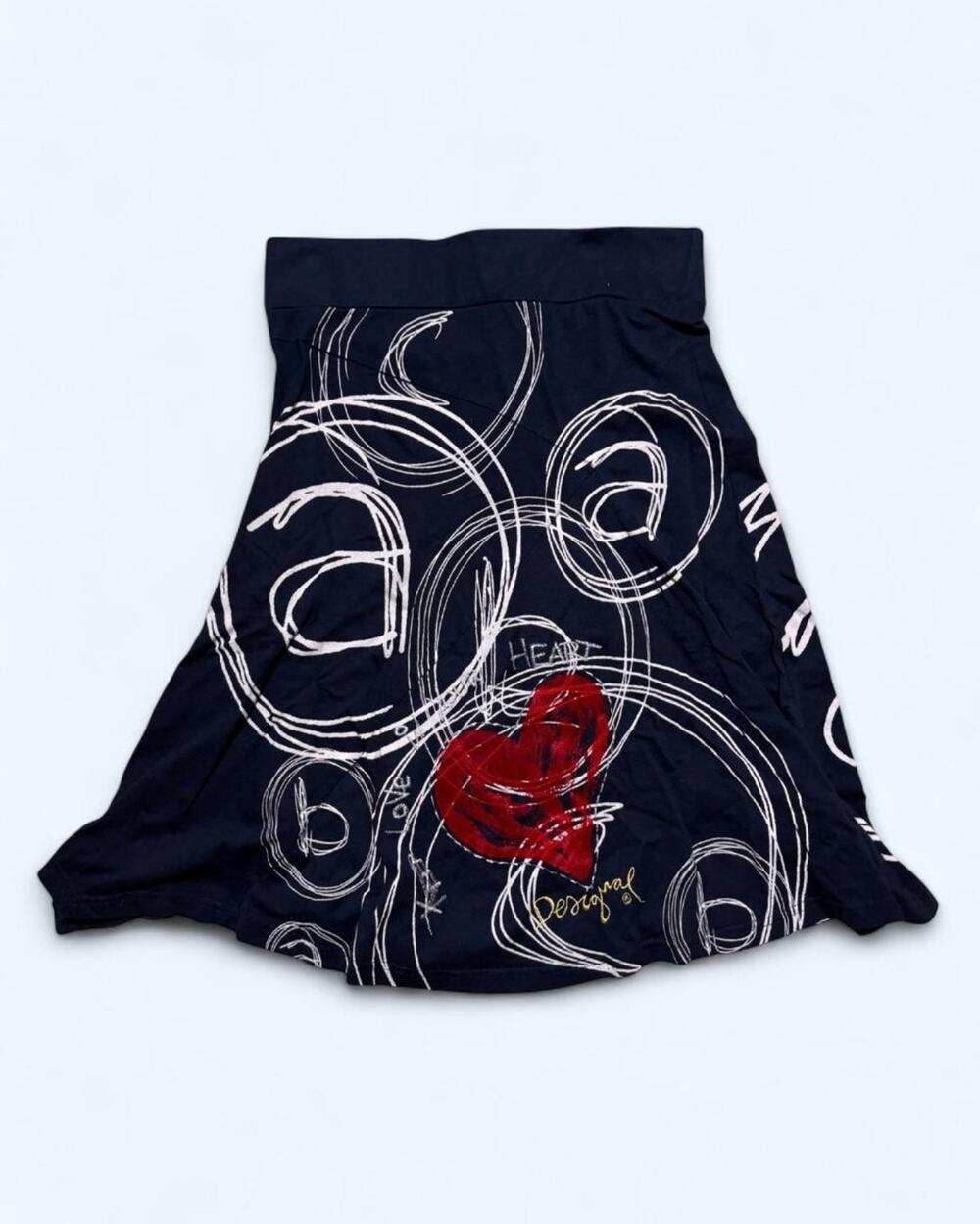 Vtg Y2K Desigual Black Knee Length Circle Skirt Euro Scribble Print Graphic